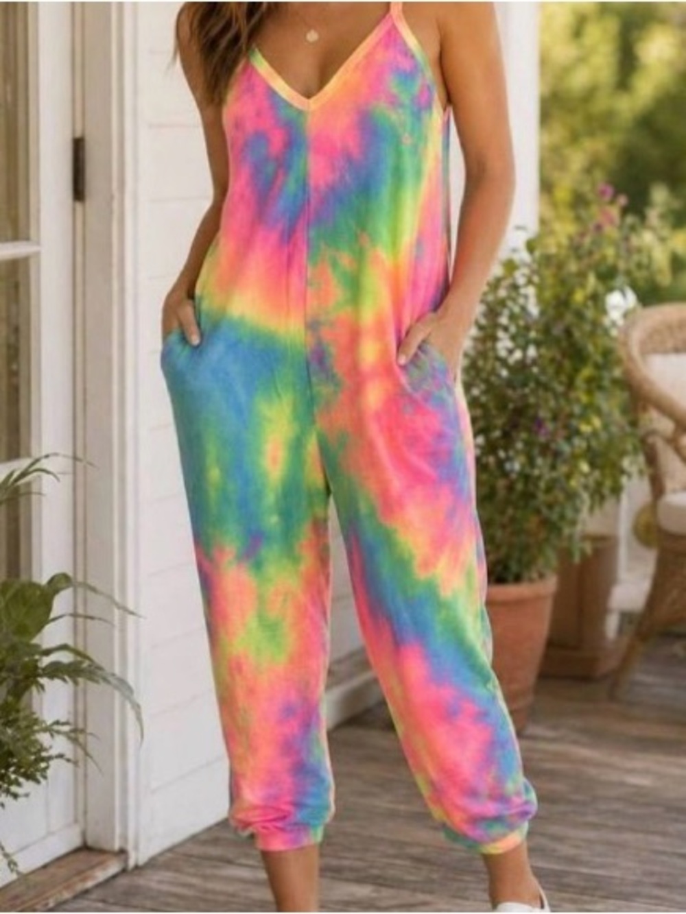 NWOT Bibi Tie-Dye V-Neck Jumpsuit - Rainbow